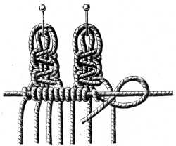 FIG. 522. & FIG. 523.
KNOTTING ON THREADS WITH PICOT AND TWO FLAT DOUBLE KNOTS.