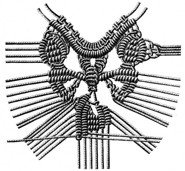 FIG. 606. ADDITION OF THE OTHER SUPPLEMENTARY THREADS.
WORKING DETAIL OF FIG. 604.